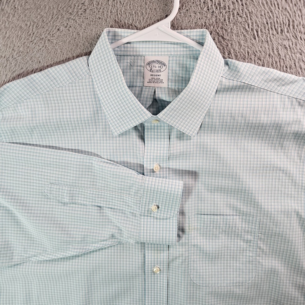 Brooks Brothers 1818 Shirt Men 17.5 34 Button Up Long Sleeve‎ White Green Plaid